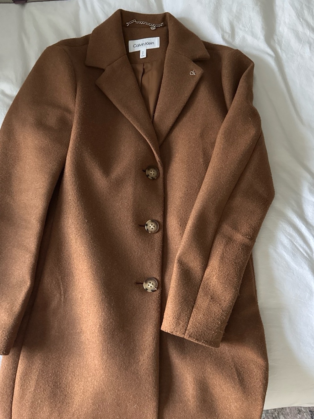 Calvin Klein Women's Chestnut Brown Single-Breasted Wool Coat
